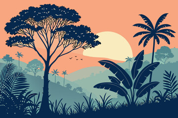 Jungle landscape with large tree and palm trees at sunset