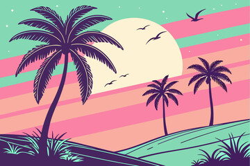 Retro Sunset Palm Trees Landscape Illustration vintage