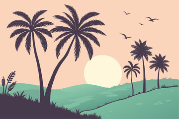 Fototapeta premium Rolling green hills with silhouetted palm trees at sunset
