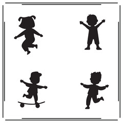 Black Silhouette of Children in Motion – Playing, Jumping, and Skateboarding Icons, Active Kids, Fun and Playful Child Symbols