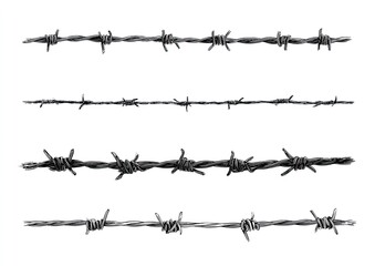 Four horizontal rows of barbed wire on a white background.  Each row depicts a continuous length of barbed wire