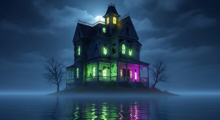 Spooky haunted mansion illuminated by eerie green and purple lights on a foggy night