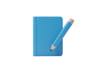 青いノートと鉛筆の3Dレンダリングによる黒背景での抽象的な文房具のアイコン