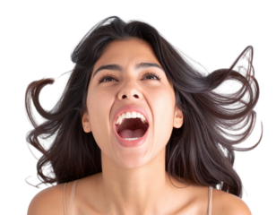 Expressive Woman Yelling Top-to-Side View Isolated PNG.