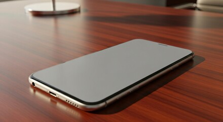 Modern Smartphone with Blank Screen Mockup on Polished Wooden Desk.