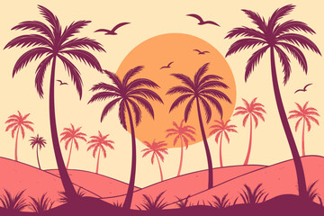 Tropical sunset with palm trees and rolling hills beach