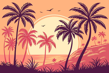 Obraz premium Tropical Sunset with Palm Trees and Ocean beach