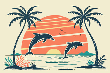 Two Dolphins Jumping Near Palm Trees at Sunset ocean