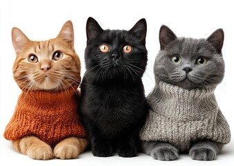 Three cats, each wearing a knitted sweater, are positioned side-by-side, gazing upward against a plain white background.  The cats exhibit diverse coat colors orange, black, and gray