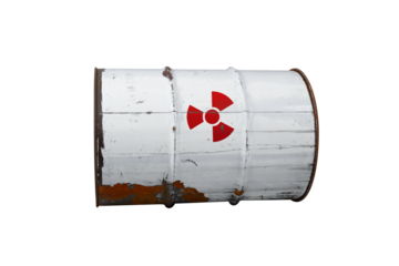 White or gray dirty barrel with radioactive waste. Nuclear warning sign. Rusty dangerous barrel with radionuclide, hazardous toxins on isolated background