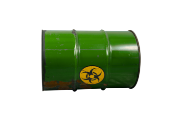 Barrel with toxic waste. Biohazard warning sign. Rusty dangerous barrel with pathogens, or other toxins on isolated background