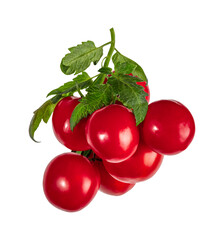 Close-up of fresh red tomatoes bunch on vine with green leaves, isolated on a transparent background. Perfect for culinary, healthy food, and organic farm concepts.