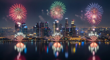 Colorful fireworks light up the Bangkok skyline, their vibrant explosions reflected in the river below during a New Year's celebration