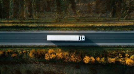Aerial Perspective of a Large Freight Transporter Semi-Truck Journeying Along a Country Roadway