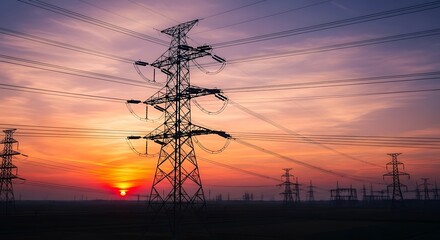 Sunset Silhouette of Power Lines and Energy Transmission.