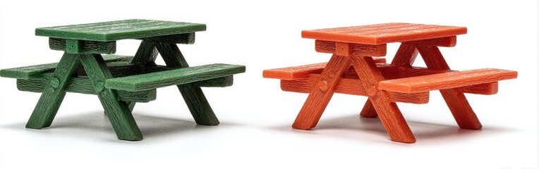 Two miniature picnic tables, one green, one orange, isolated on white