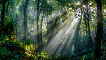 Obraz premium Ethereal Sunbeams Pierce a Misty Forest Canopy, Illuminating a Verdant, Magical Woodland.