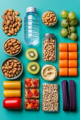 Vibrant assortment of healthy snacks and a water bottle, perfect for a balanced diet and active lifestyle