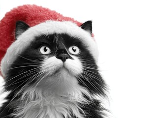 A black and white cat, adorned with a festive red Santa hat, gazes upward with curious expression against a plain white backdrop.