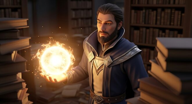Wizard Casting a Fire Spell in a Library.