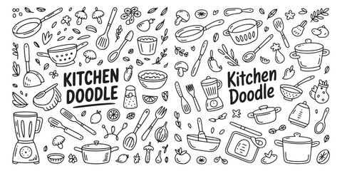 Hand-Drawn Kitchen Utensils and Cooking Tools Doodle Vector Illustration