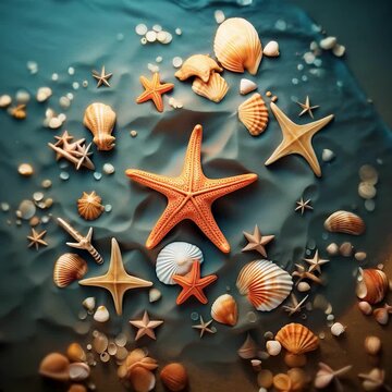 A collection of starfish and seashells scattered on golden sand with waves gently framing the edges, creating a beautiful coastal scene.