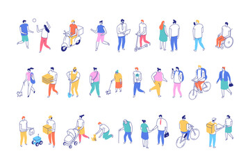 Isometric line illustration of people in urban lifestyle scenes. Flat vector set with modern activities, family, sports, communication, and social moments.