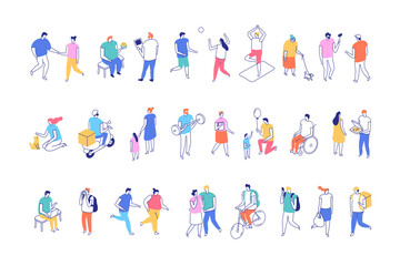 Isometric line illustration set of people in diverse daily routines. Flat minimal vector characters with modern lifestyle, teamwork, family, fitness and leisure.