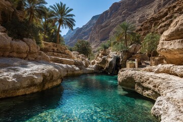 Fototapeta premium Tranquil Oasis: Wadi Bani Khalid in Oman, A Desert Paradise with Serene Water Pools and Stunning Canyons