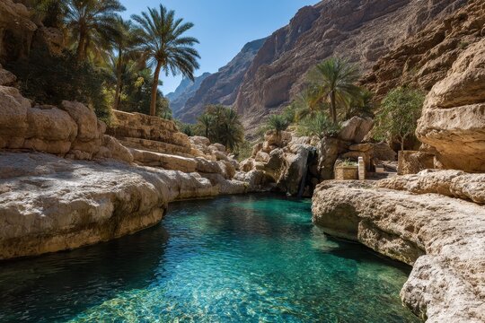 Tranquil Oasis: Wadi Bani Khalid in Oman, A Desert Paradise with Serene Water Pools and Stunning Canyons