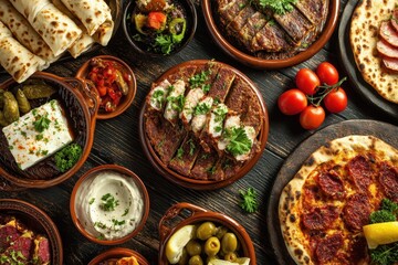 Obraz premium Authentic Istanbul Cuisine: A Delightful Spread of Dishes Like Kebab, Hummus, and Pide on a Restaurant Table