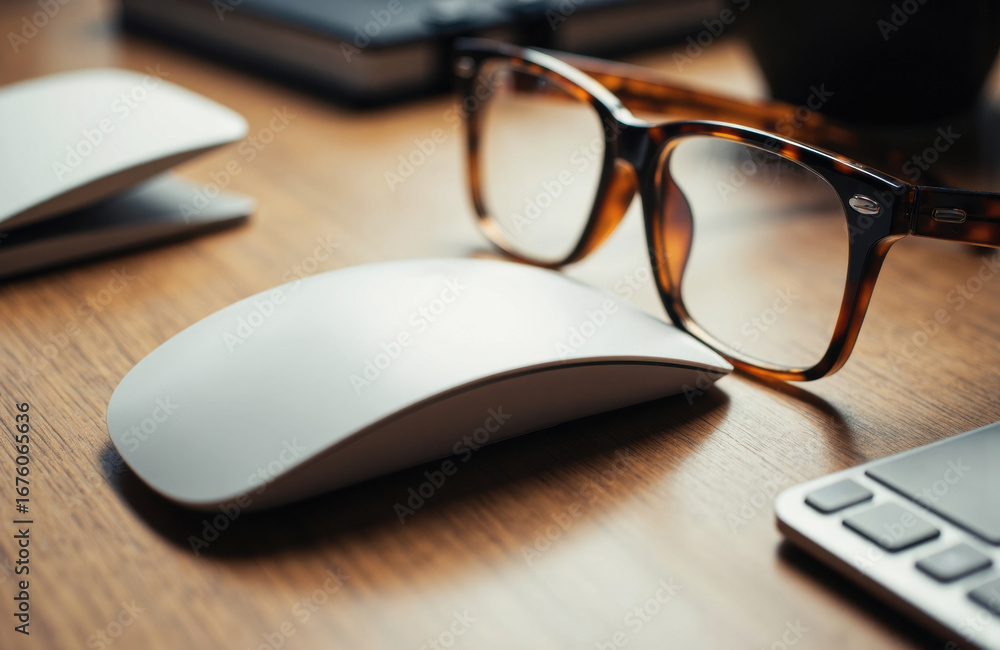 Poster close-up of tortoiseshell eyeglasses and computer mouse on wooden desk with keyboard in background