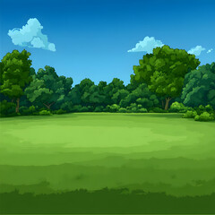 Summer Meadow Illustration Green Trees Blue Sky