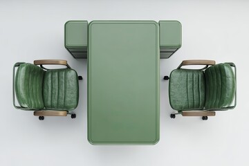 Overhead view of a modern green office desk set.  Two matching green leather office chairs flank a rectangular green desk with a matching storage unit