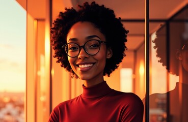 Woman smiling with glasses in warm sunset lighting on a balcony