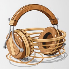 Artistic illustration of vintage wooden headphones with a coiled cord on a light background