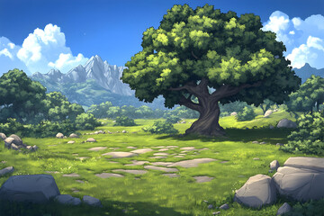 Fantasy Landscape Illustration: Majestic Tree and Mountains