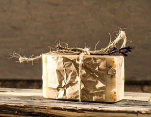 A bar of handmade soap wrapped in brown paper, tied with twine