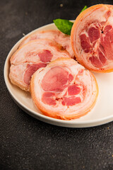 Ham hock with skin jambonneau cooked pork knuckle with rind tasty snack fresh delicious gourmet food background on the table rustic top view copy space