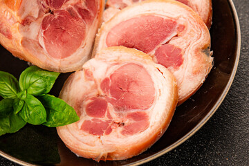 Ham hock with skin jambonneau cooked pork knuckle with rind tasty snack fresh delicious gourmet food background on the table rustic top view copy space