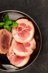 Ham hock with skin jambonneau cooked pork knuckle with rind tasty snack fresh delicious gourmet food background on the table rustic top view copy space