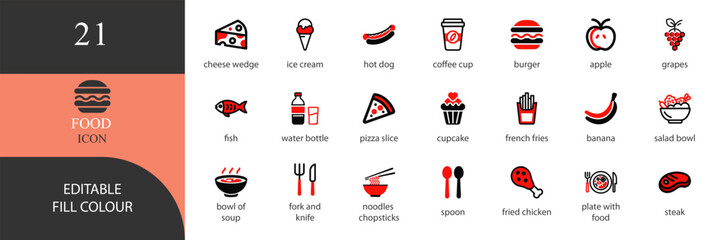 Vector art of food icon set featuring meal, dish, and cuisine symbols