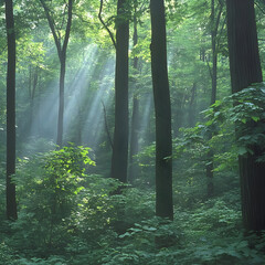 Misty Forest Sunlight Illustration