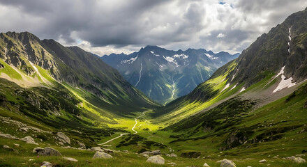 A scenic valley view with winding path and towering mountains under a cloudy sky on a sunny day light ai generated