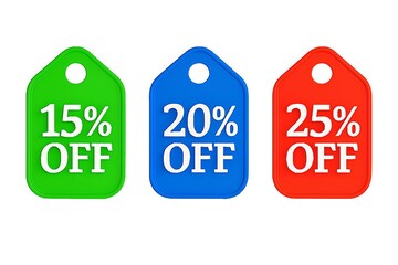 Three colorful sale tags showing 15 percent 20 percent and 25 percent off discounts