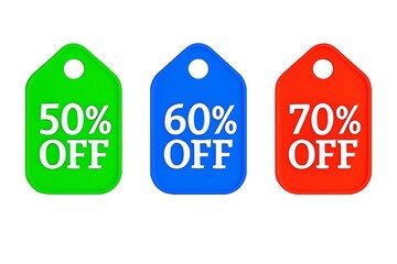 Brightly colored price tags showing 50 60 and 70 percent off discounts