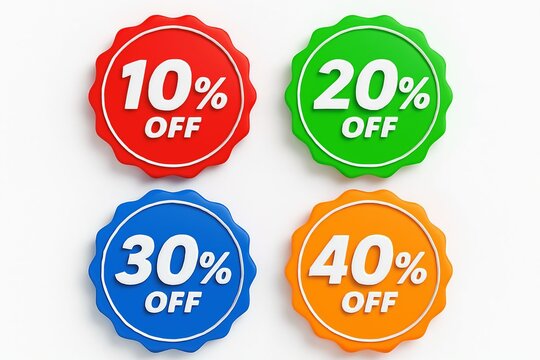 Four colorful discount badges showing 10 20 30 and 40 percent off offers