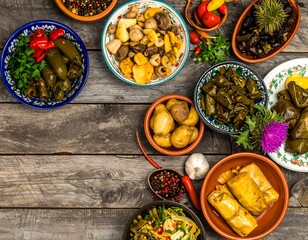 Assorted pickled and fermented foods on rustic wooden table
