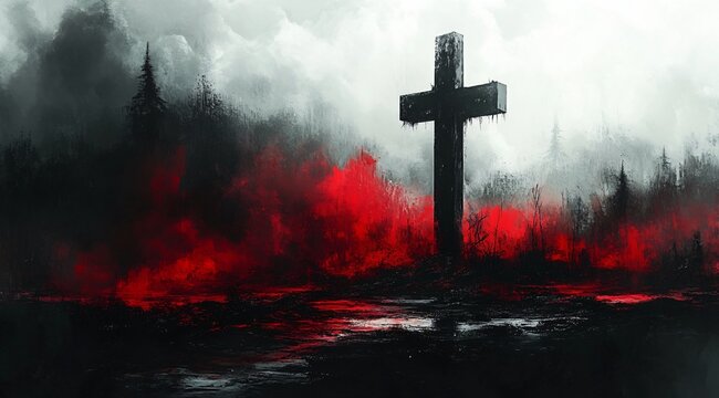 
cross in the midst of the red fire in the forest