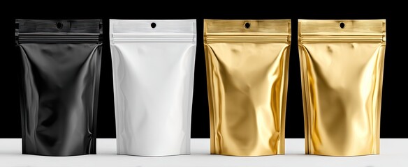 Three zippered pouches in black, white, and gold
